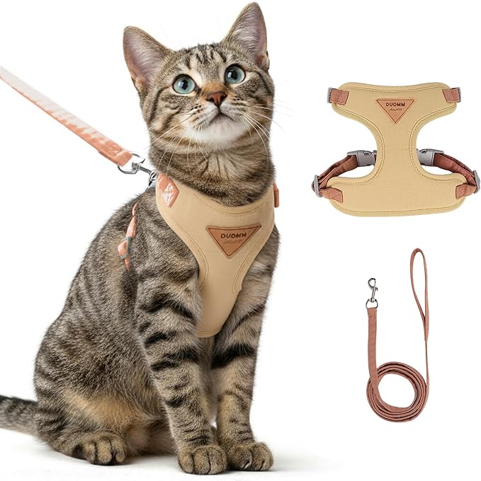 Escape-Proof Cat Harness and Leash Set - Adjustable and Comfortable - Ideal for Walking Cat Outdoors - Fits Small Dogs, Kittens, Medium, and Large Cats (Beige, M)