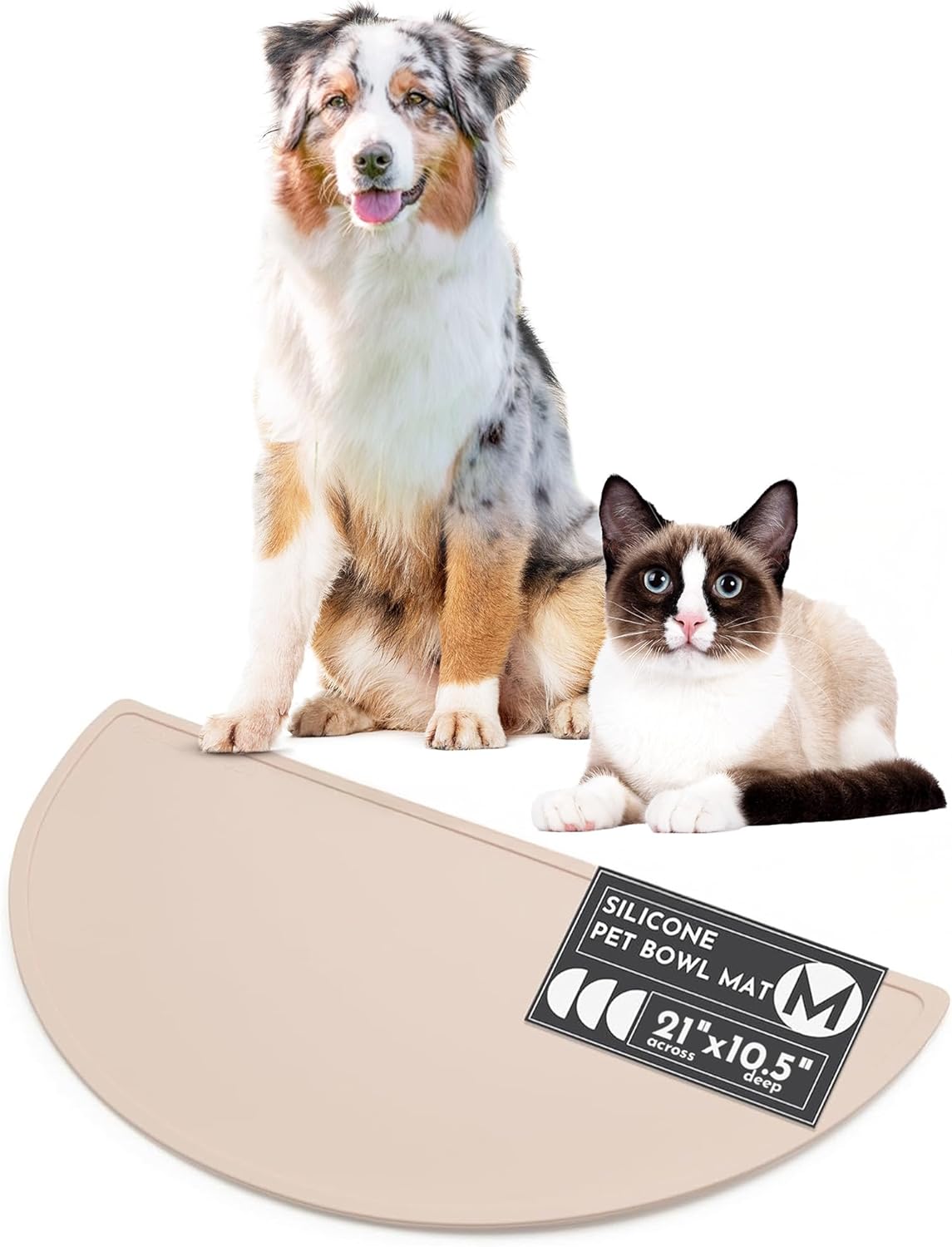 Waterproof Silicone Pet Food Mat - Non-Slip, Spill-Proof Feeding Mats for Floors, Raised Edge Design, Easy-to-Clean Mat for Dog & Cat Bowls, 21" Across x 10.5" Deep, Medium-Natural Sand - Pet Explorer