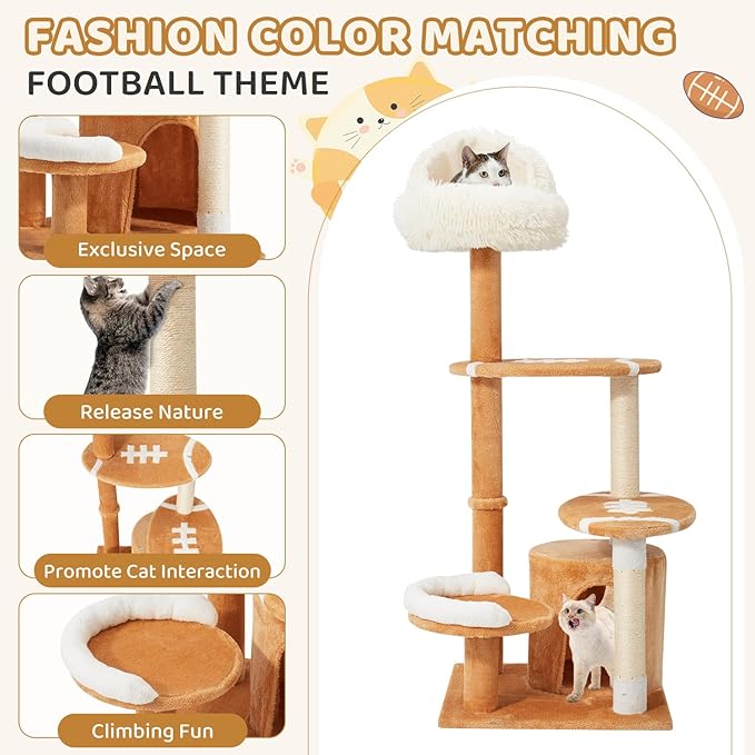 Erinnyees Cute Cat Tree for Indoor Cats Large Adult, 51" Multi-Level Tower with Condo & 12-Inch Plush Cat Bed, Football Shaped Platform, Space-Saving Cat Furniture for Apartments, Easy to Assembly