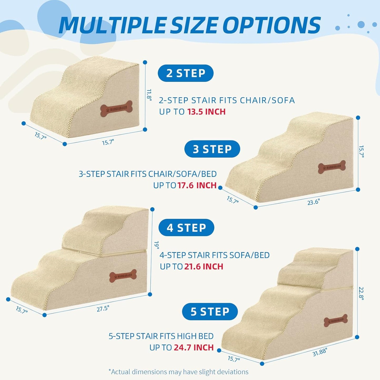 5-Step Spliceable Pet Stairs: Indoor& Outdoor Multi-Use with a Removable Cover and a Pocket, Best for Small Pets and Older Dogs Who Has Spine and Arthritis Issues to Get on High Beds, Beige（22.8" H） - Pet Explorer