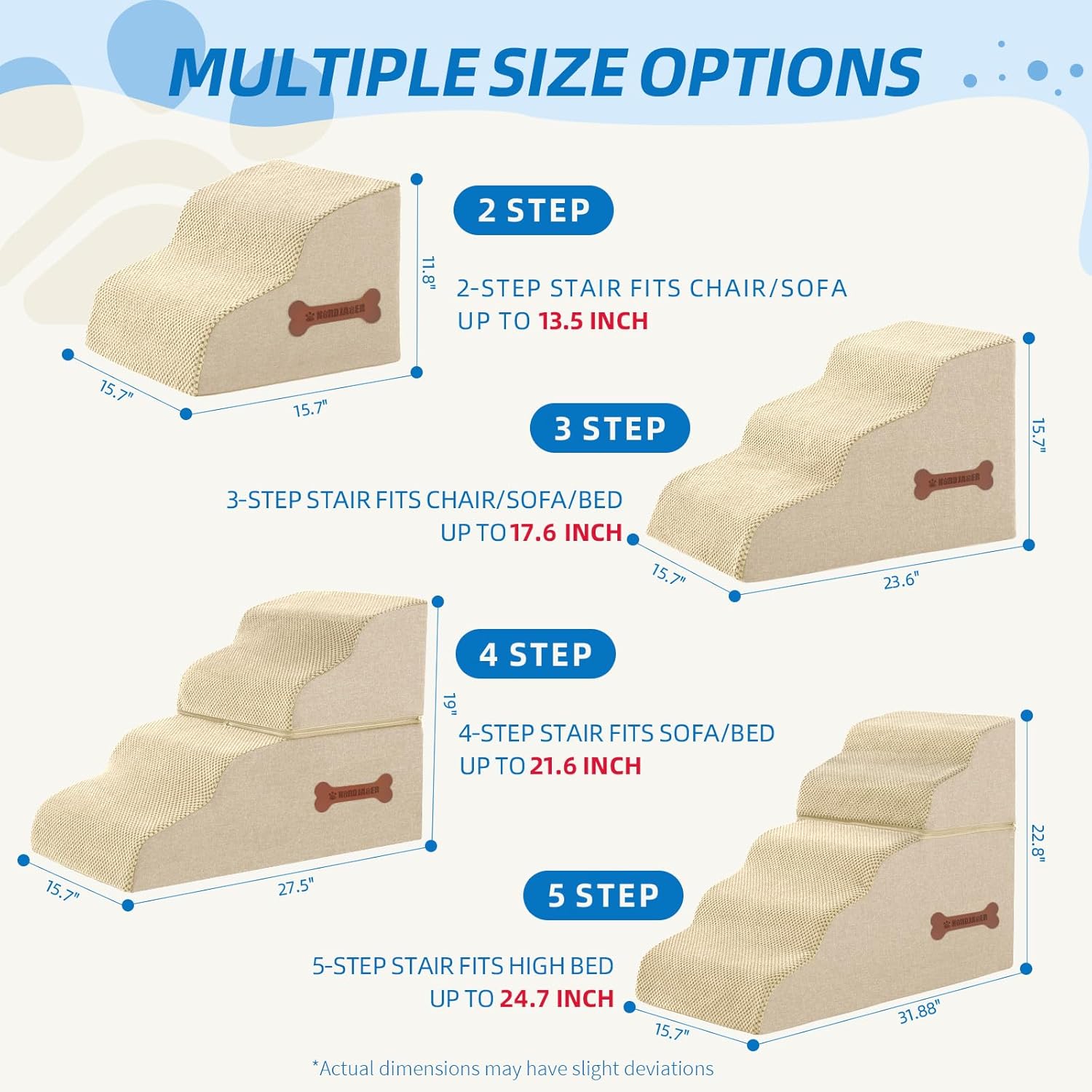 Dog Stairs for Small Dogs and Cats, 2 Steps Pet Stairs to Get on Couch Sofa and Chair, Indoor Non-Slip Balanced Portable Pet Step, High-Density Foam Ramp with Removable Washable Cover, Beige（11.8" H） - Pet Explorer