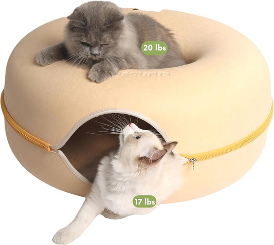 Cattasaurus Peekaboo Cat Cave for Multiple & Large Cats Up to 30-45 Lbs, Scratch Detachable & Washable Tunnel Bed, Comfy Donut Cat Cave (Pastel Macaron, Large)