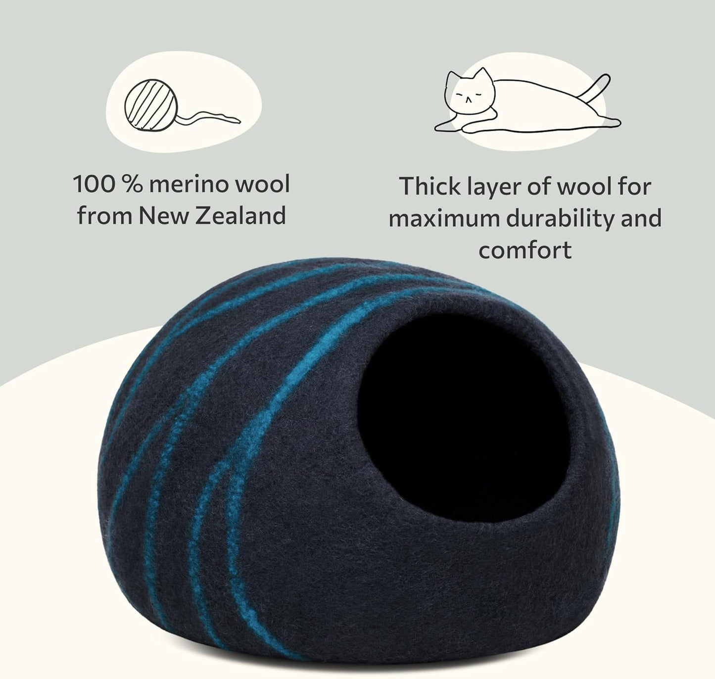MEOWFIA Cat Cave – Premium Felt Cat Bed for Indoor Cats, Handmade 100% Merino Wool (Large, Black Aqua) - Pet Explorer