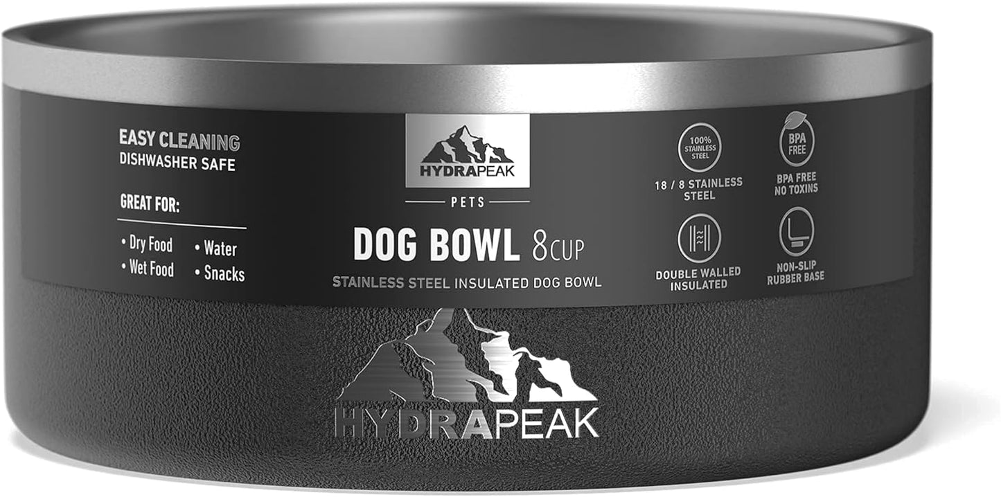 Hydrapeak Dog Bowl; Non Slip Stainless Steel; Water and Food Dish; Large Sized and Small Dogs; 32oz 64oz; Multiple Sizes | 8 Cup | Black - Pet Explorer