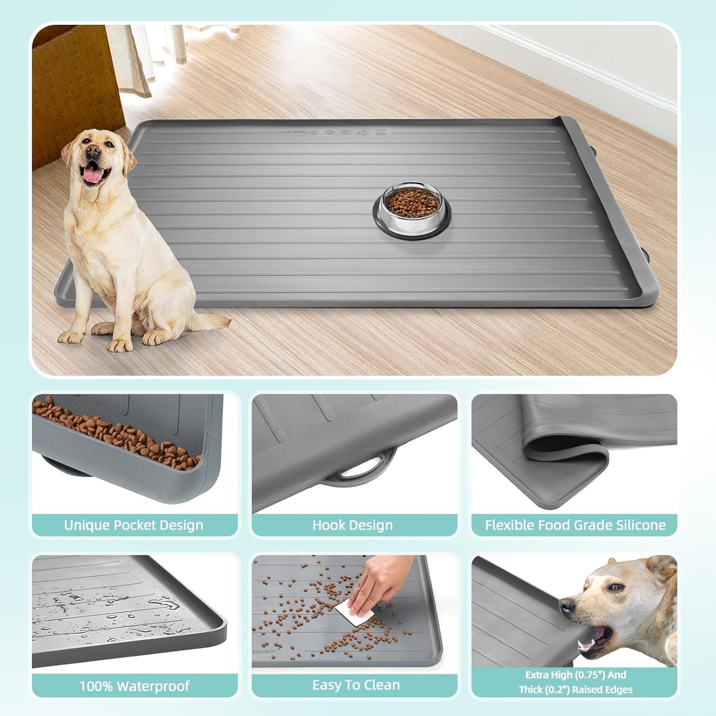 Dog Mat for Food and Water - 39.4" x 27" Large Pet Feeding Mats with Residue Collection Pocket - Waterproof Dog Cat Bowl Mat with High Edges to Prevent Water and Food Spills (Light Grey) - Pet Explorer