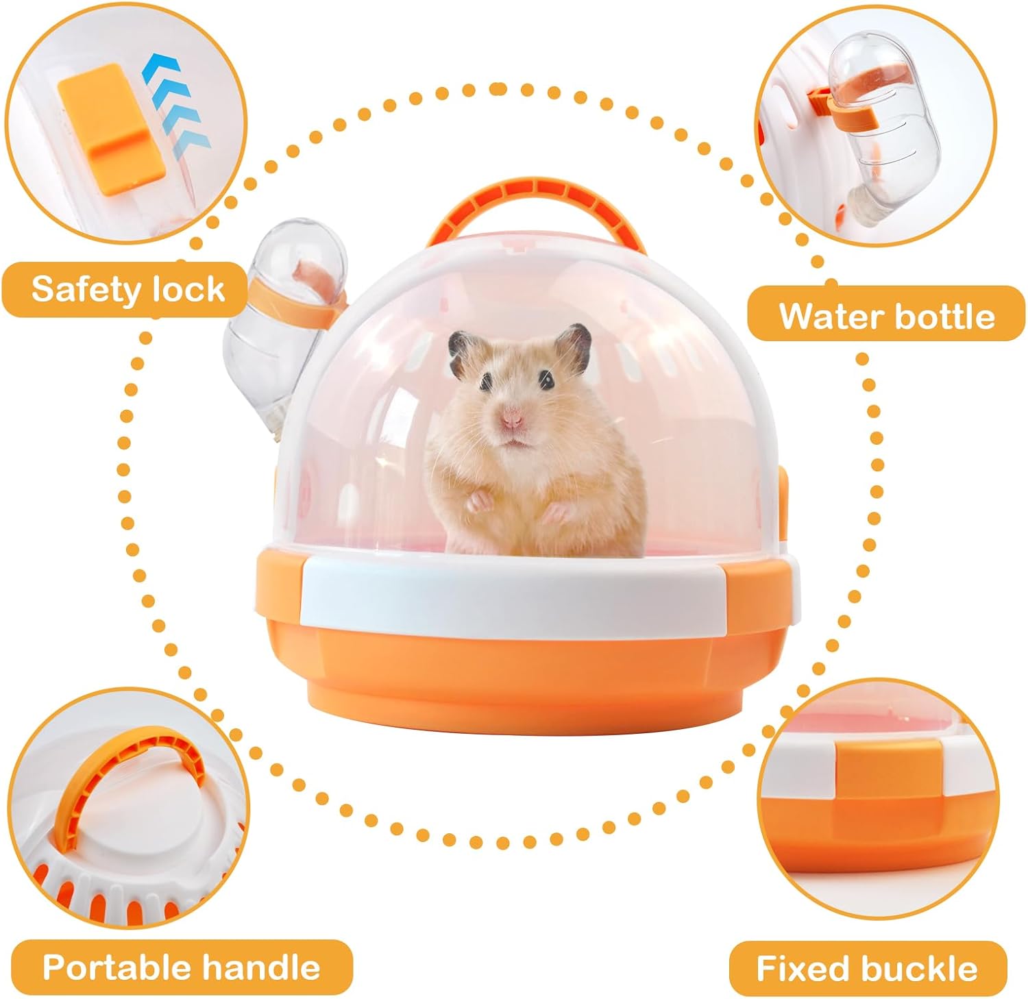 Hamster Carrier Cage with Water Bottle,Portable Dwarf Hamster Travel Carrier Plastic Guinea Pig Carrier Small Animal Breathable Outdoor Cage for Hamsters Chinchillas Hedgehog (Orange) - Pet Explorer