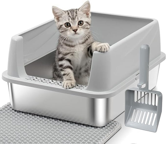 Stainless Steel Litter Box with Lid, Metal Cat Litter Box for Small Cats, Open Top Low Entry Kitten Litter Boxes with Scoop and Mat, Non-Sticky, Anti-Leakage, Easy to Clean, 17.3"x13.4"x8.1" (Small)