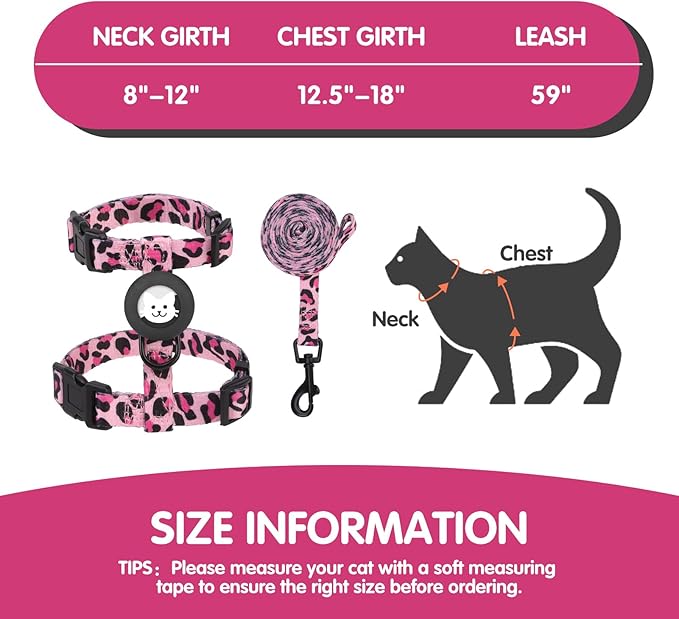 BINGPET Cat Harness with Airtag Holder, Cat Harness and Leash Set Escape Proof for Walking Travel Outdoor, Soft Adjustable Kitten Harnesses for Small Medium Large Cats, Pink Leopard(Chest:12.5"-18")