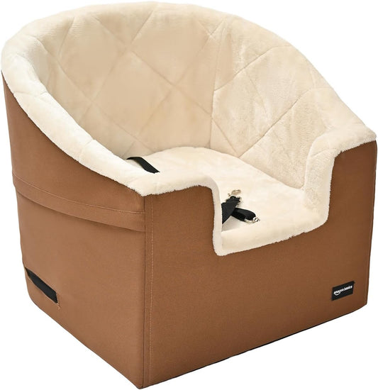 Amazon Basics Pet Car Booster Bucket Seat for Small Pets up to 25lbs, Machine Washable Cover, Clip-On Safety Leash, 18" x 18" x 16", Tan - Pet Explorer
