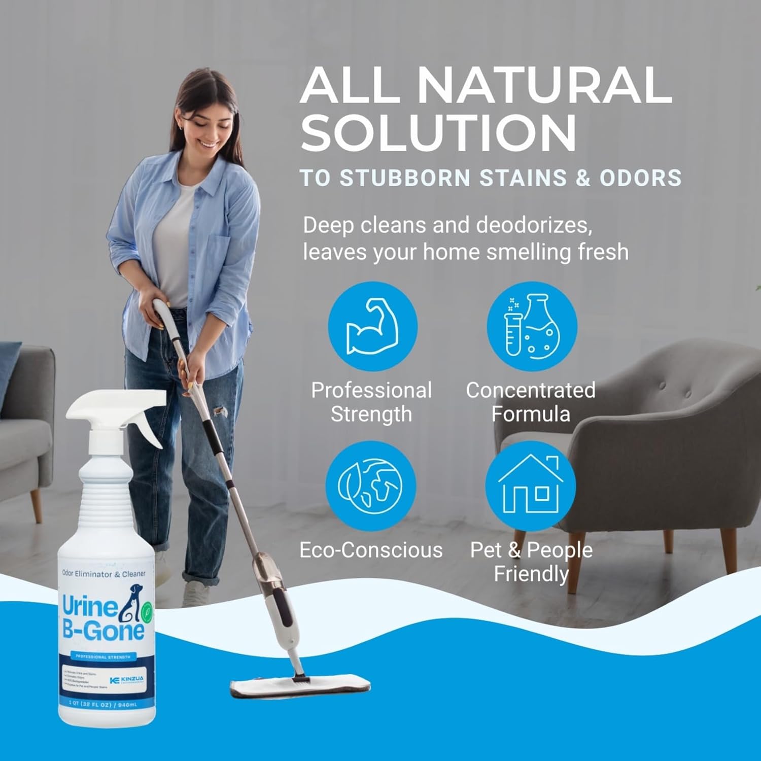 KINZUA ENVIRONMENTAL Urine B-Gone, Professional Enzyme Odor Eliminator & Pet Stain Remover, Human, Cat & Dog Urine Cleaner, Effective on Laundry, Carpets & More, Original Scent, 32oz - Pet Explorer