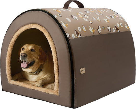 Jiupety 2 in 1 Dog House Indoor, Comfy Cave Bed Covered Dog Bed, Portable House for Large Dogs, 3XL(39"×32"×28"), Up to 90 Lb, Brown - Pet Explorer