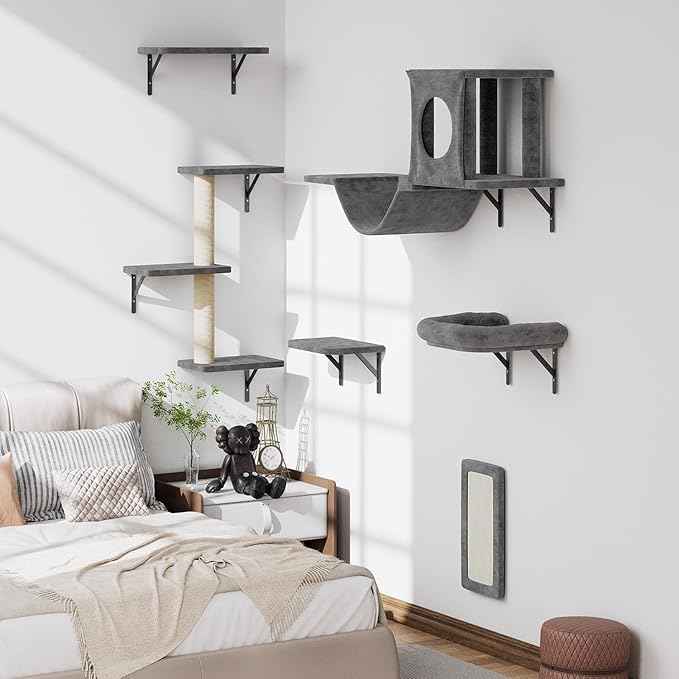 NUNU LAB Wall Mounted Cat Wall Shelves, 12-in-1 Cat Wall Climber with Condos House, Scratching Post, Bridge Ladder, Indoor Space-Saving Furniture for Kittens Play, Dark Gray