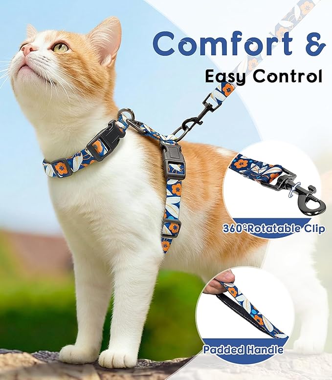 Halypet 2-Pack Cat Harness and Leash Set, Escape Proof 3-in-1 Adjustable Harness for Cats, Soft Lightweight, Easy On & Control for Walking, Travel & Outdoor Use, Navy Floral, Medium