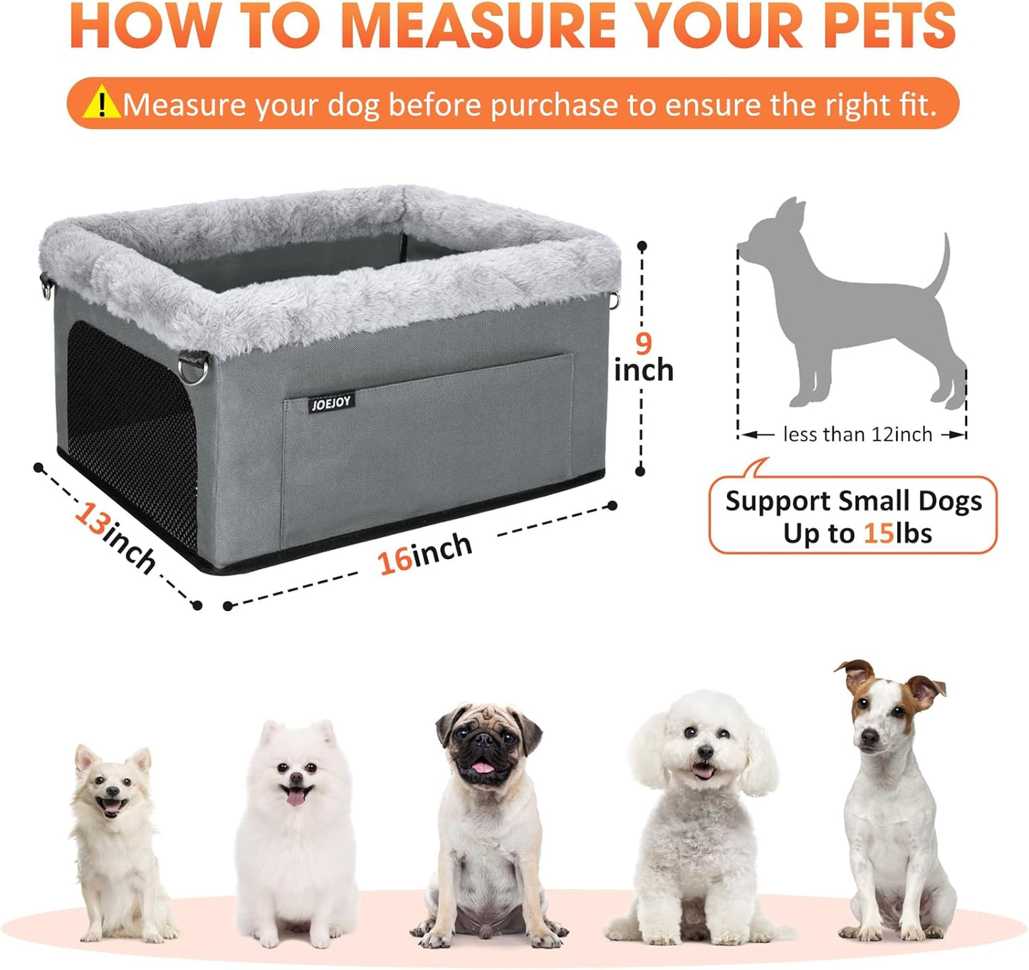 JOEJOY Deluxe Dog Booster Seat with Sturdy Metal Frame and Safety Leash for Small Pets up to 20 lbs - Portable Puppy Dog Car Seat with Thick Cushion and Storage Pockets for Small Dogs - Pet Explorer