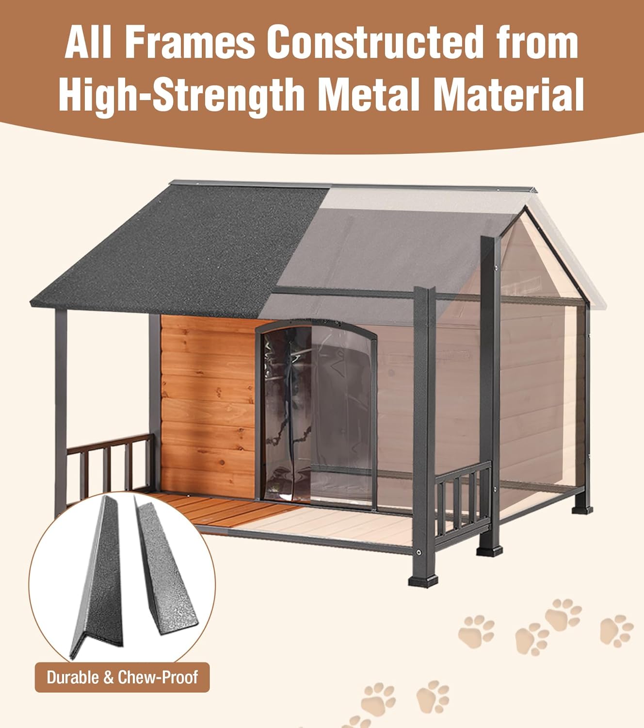 Extra Large Dog House Outdoor for Large Dogs, Insulated Dog House with Metal Frame, Waterproof Dog Shelter with Asphalt Roof, PVC Curtain & Multifunctional Patio, Indoor Outdoor Use - Pet Explorer