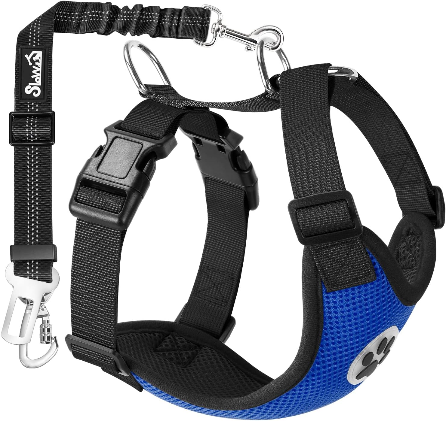 SlowTon Dog Seat Belt Harness for Car, Dog Car Harness Adjustable Mesh Breathable & Dog Seatbelt Safety Tether with Elastic Bungee for Small Medium Large Pets(Blue, Double Clip, S) - Pet Explorer