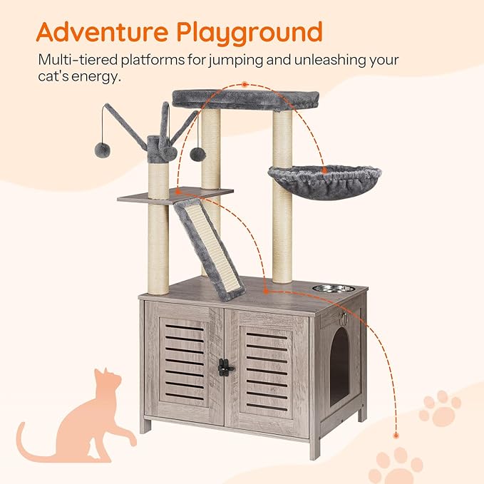 HOOBRO Cat Tree with Litter Box Enclosure, 44" Tall Wooden Cat Tower with Scratching Posts, Cat Hammock, Hidden Litter Box Furniture, All-in-One Indoor Cat Condo, Greige BG48MZ03