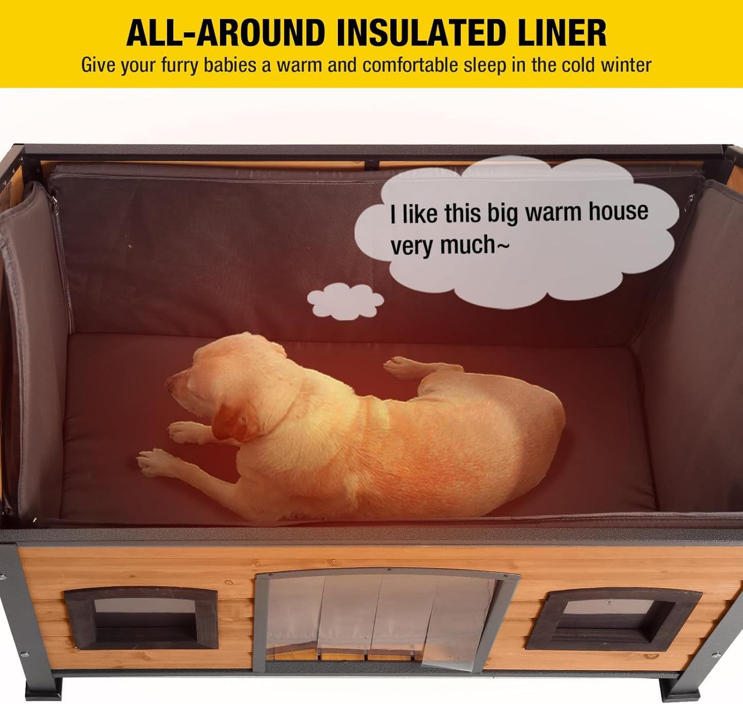 Aivituvin Dog House with Insulated Liner Anti-Chewing Metal Frame Design Insulated Wooden Dog Kennel with Unique Design Roof, Weatherproof Dog House for Outdoor Indoor - Pet Explorer
