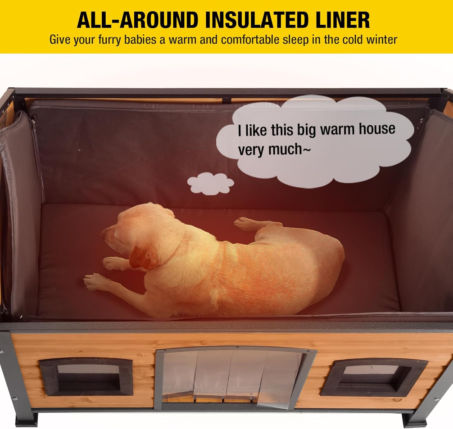 Aivituvin Dog House with Insulated Liner Anti-Chewing Metal Frame Design Insulated Wooden Dog Kennel with Unique Design Roof, Weatherproof Dog House for Outdoor Indoor - Pet Explorer