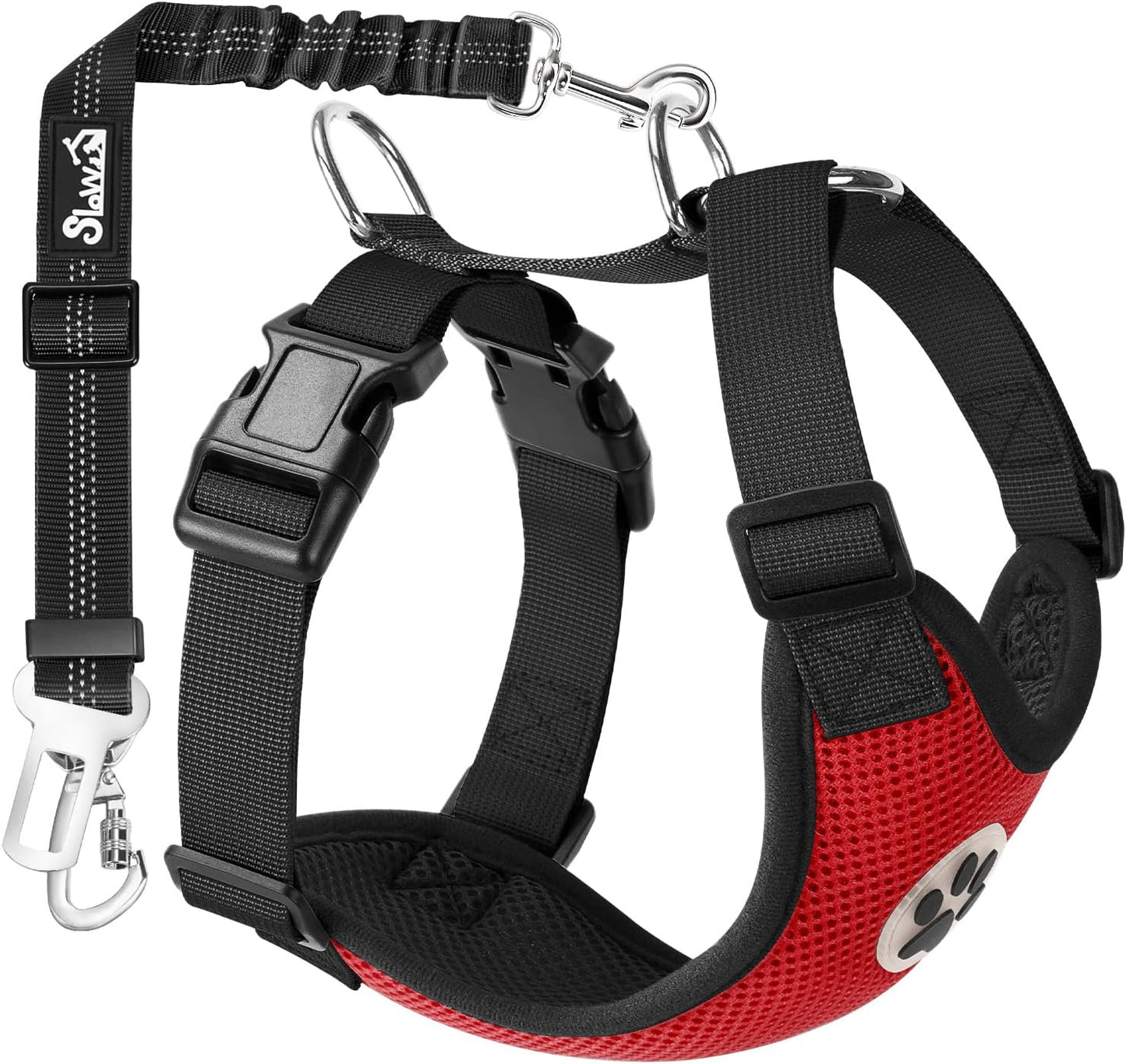 SlowTon Dog Seat Belt Harness for Car, Dog Car Harness Adjustable Mesh Breathable & Dog Seatbelt Safety Tether with Elastic Bungee for Small Medium Large Pets(Red, Double Clip, L) - Pet Explorer