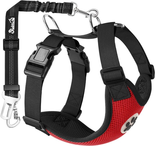 SlowTon Dog Seat Belt Harness for Car, Dog Car Harness Adjustable Mesh Breathable & Dog Seatbelt Safety Tether with Elastic Bungee for Small Medium Large Pets(Red, Double Clip, L) - Pet Explorer