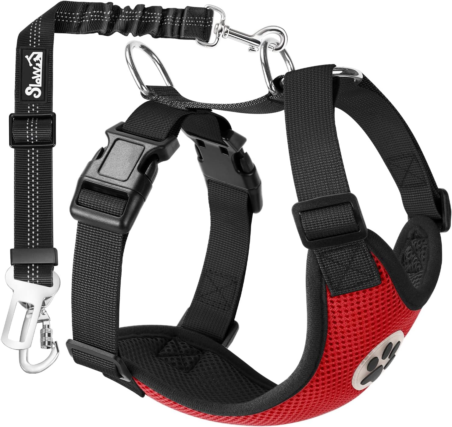 SlowTon Dog Seat Belt Harness for Car, Dog Car Harness Adjustable Mesh Breathable & Dog Seatbelt Safety Tether with Elastic Bungee for Small Medium Large Pets(Red, Double Clip, S) - Pet Explorer