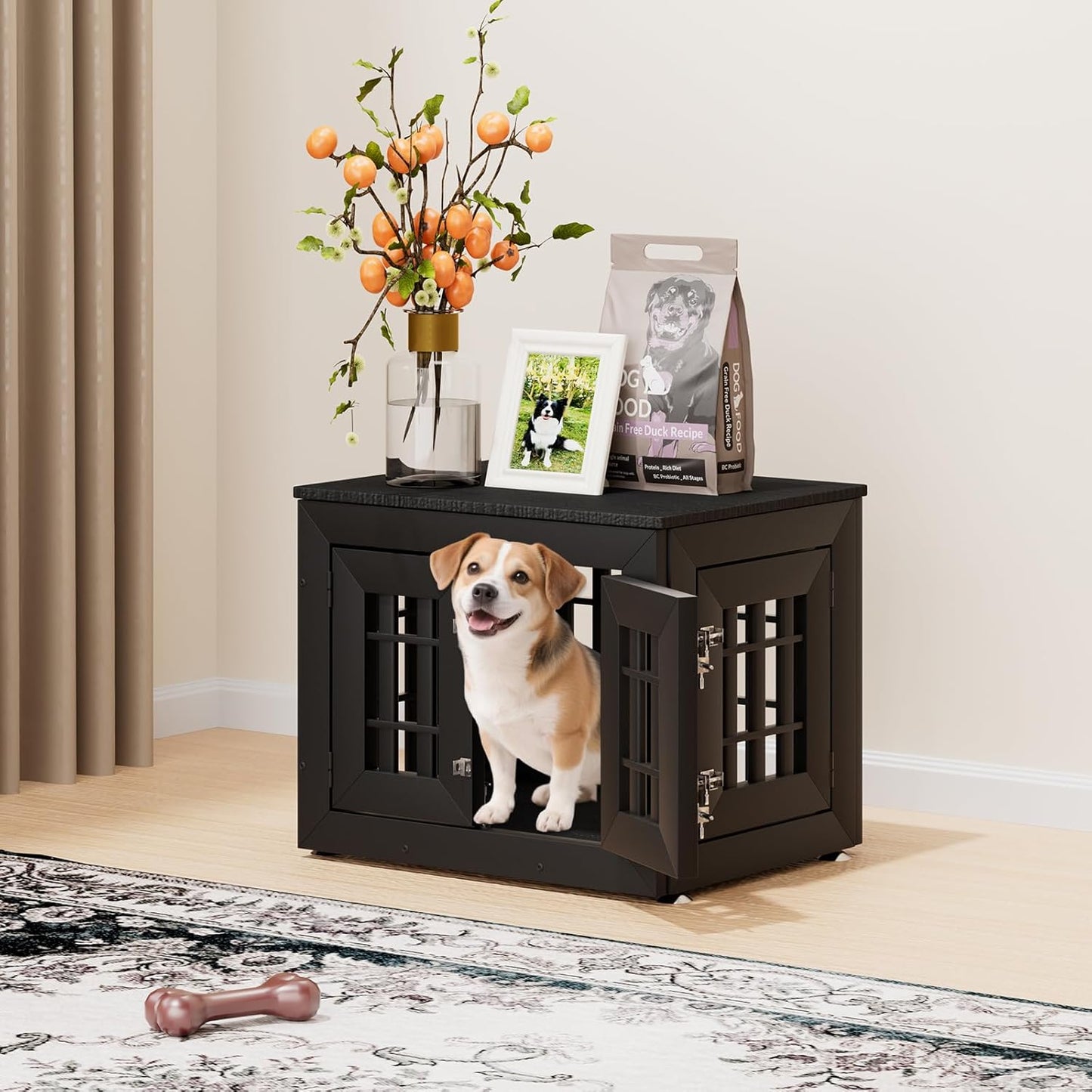 26" Heavy Duty Dog Crate Furniture for Small,Medium and Large Dogs,Rustic Wooden Dog Cage Kennel Indoor Furniture with Waterproof Top,Decorative Pet House Side End Table (Black)