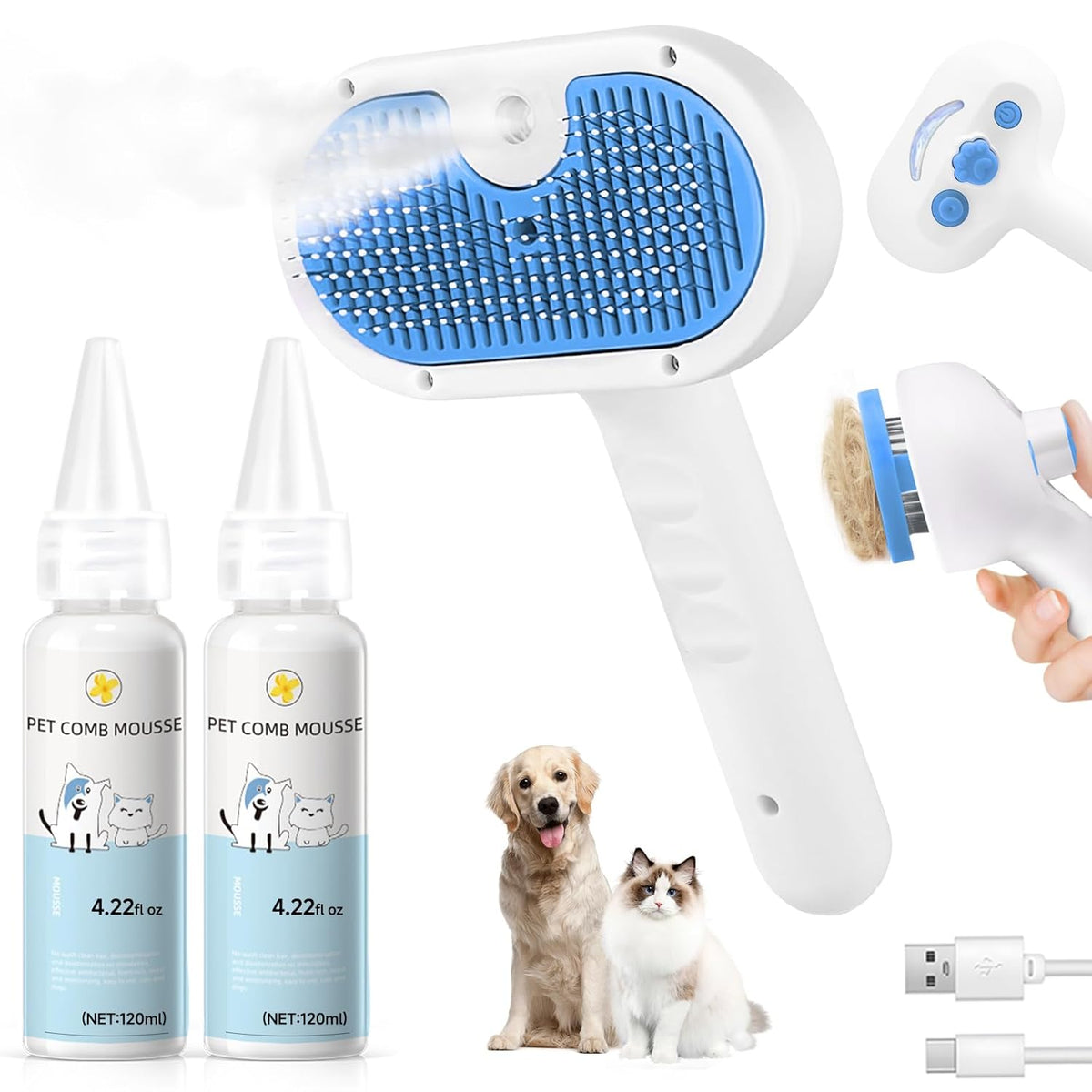 Pet Steam Brush for Dog & Cat - 3-in-1 Steam Grooming Brush for Shedding & Hair Removal - Self Cleaning Spray Comb with Mist for Long Haired Pets - Includes 2*Waterless Shampoo, Blue