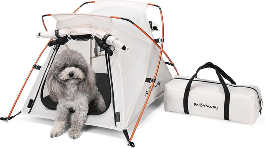 Dog Tent Cat Tent with Aluminum Poles and Camping Mat, Outdoor Waterproof Pet Tent with Zippered Mesh Door, Dog House, Cat House, Pet Playpen, Portable and Collapsible (White, Small) - Pet Explorer