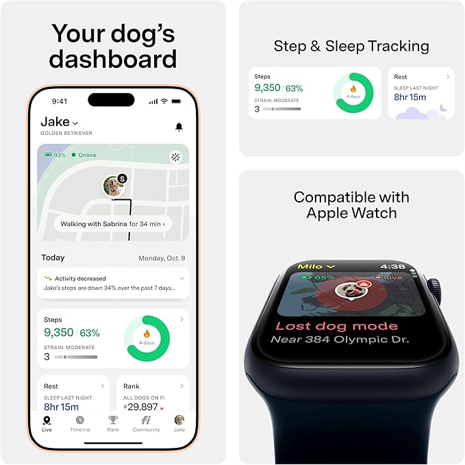 New Fi Series 3+ Smart Dog Tracker Collar [6 Month Membership Included] GPS Tracker for Dogs with Health & Behavior Monitoring, Escape Alerts, Waterproof, LED, Apple Watch Compatible (Blue, Small)