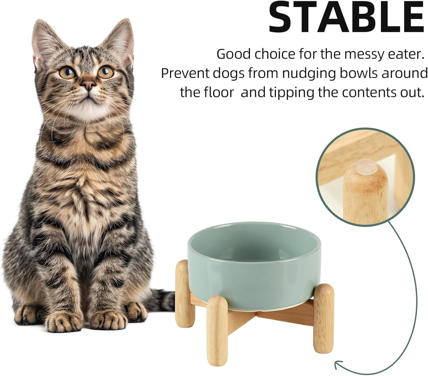 Ceramic 5.1inch Raised Dog and Cat Bowl Set, Elevated with Wooden Stand, Food and Water Bowl for Small Breed Dogs, Cats, Kitty, Weighted Dog Dishes, Pet Bowls(13.5oz, Light Green) - Pet Explorer