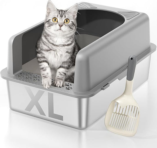 Stainless Steel Cat Litter Box, Extra Large Enclosed Litter Boxs for Big Cats, XL Metal Litter Box with Lid, High Sided, Non Stick, No Smell, Easy to Clean, Included Scoop