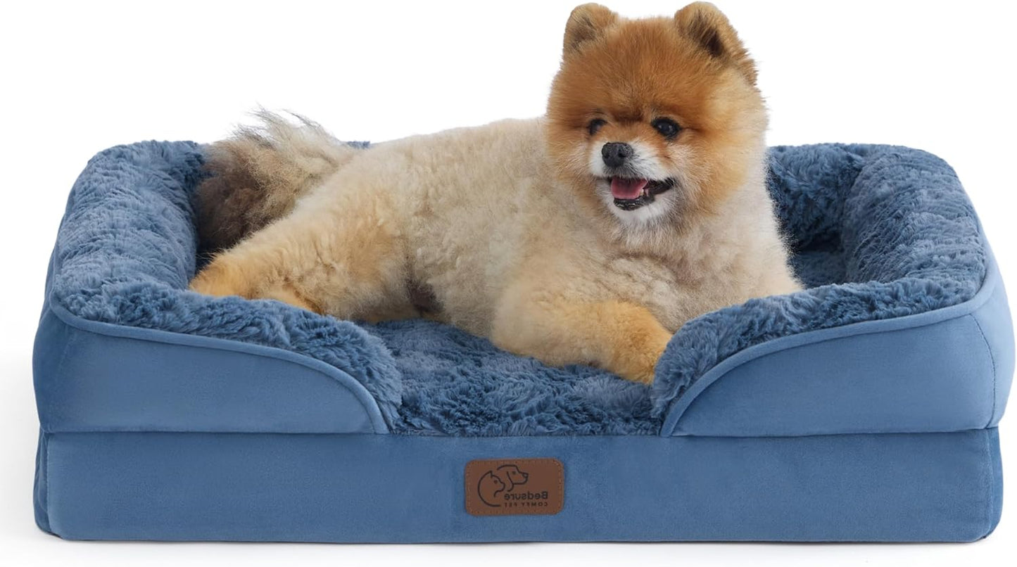 Bedsure Orthopedic Dog Beds for Small Dogs - Washable Small Dog Cat Bed Waterproof, Comfort Pet Couch Sofa with Washable Removable Cover, Pets Bed with Nonskid Bottom, Plush-Blue, 24" - Pet Explorer