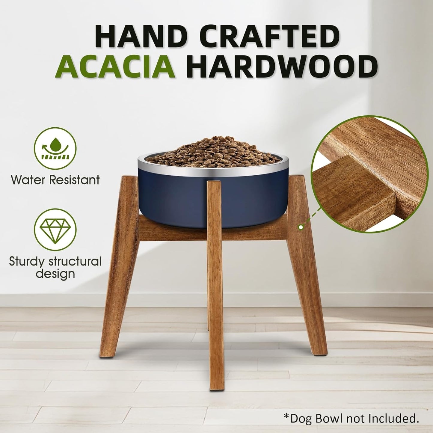 Solid Acacia Hardwood Elevated Dog Bowl Stand, Raised Feeder for Medium & Large Dogs, Fits up to 9″ Bowls, Improves Posture and Reduces Neck Strain, Stand Only - Pet Explorer