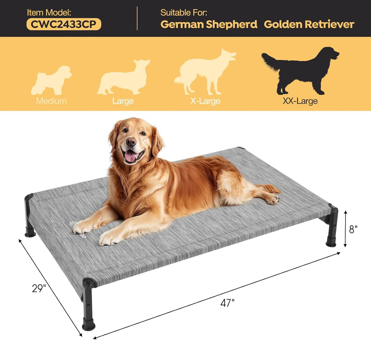 Veehoo Cooling Outdoor Dog Bed, Heavy Duty Elevated Pet Bed with Washable & Breathable Teslin Mesh, Non-Slip Silicon Feet, Dog Cot Bed with Support Hem, 47" x 29", Black Silver, CWC2433 - Pet Explorer