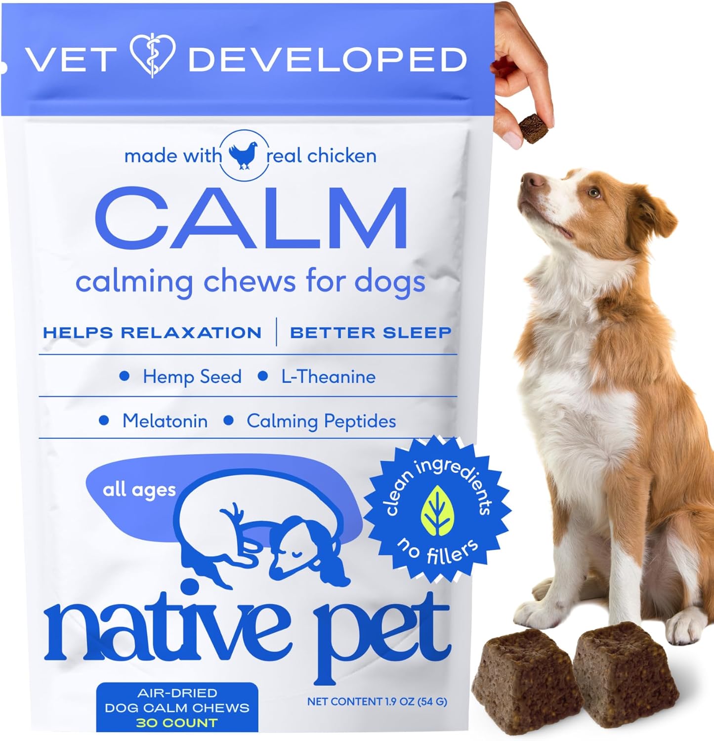 Native Pet Calming Chews for Dogs - Melatonin for Dogs Anxiety Relief - Grain Free All Natural Hemp Calming Treats & L-Theanine Helps Manage Stress & Separation Anxiety - Puppy Sleep Aid - 30 Chews - Pet Explorer