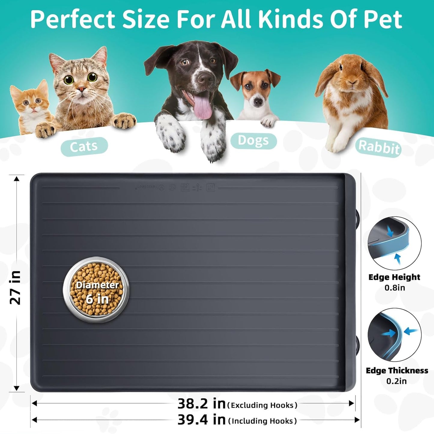 Dog Mat for Food and Water - 39.4" x 27" Large Pet Feeding Mats with Residue Collection Pocket - Waterproof Dog Cat Bowl Mat with High Edges to Prevent Water and Food Spills (Black) - Pet Explorer