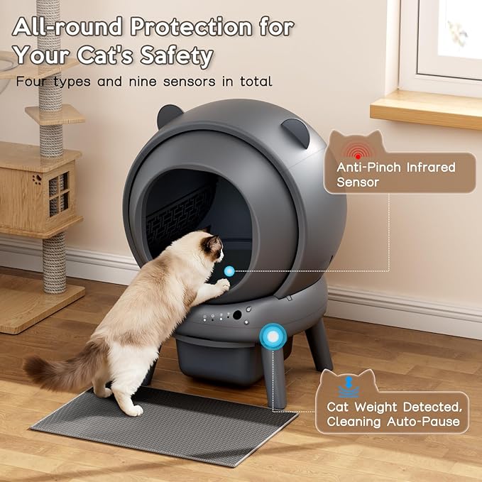 Automatic Litter Box for Multiple Cats, Large Capacity Self Cleaning Litter Box with App Control, Odor & Noise Control, Dual Safety Sensors, Easy Maintenance with 2 Roll Garbage Bags, Gray