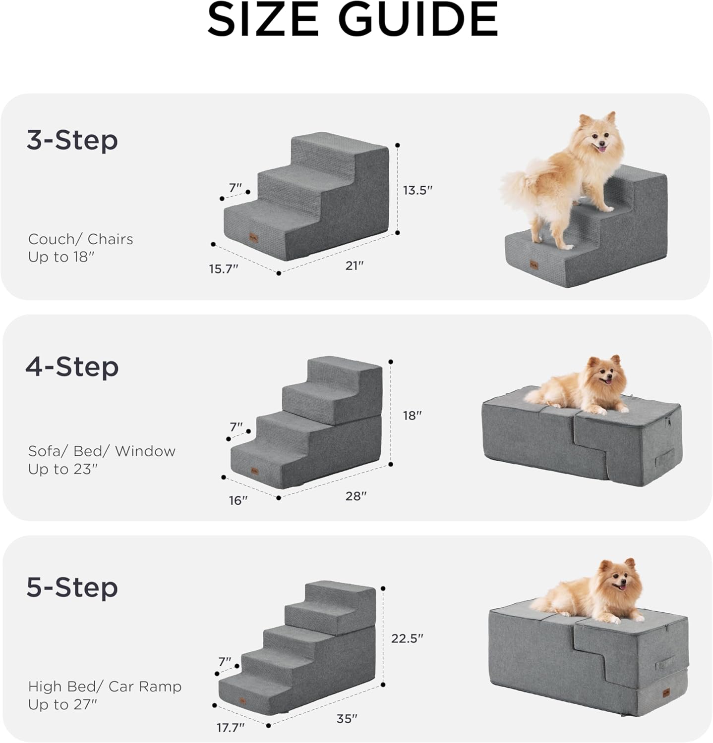 Made4Pets Dog Stairs for Small Dogs, Extra Wide Dog Steps for Bed Couch Sofa and Chair, 35D Foam Pet Steps for Small Dogs and Cats, Non-Slip Bottom Pet Stairs, Grey, 3 Steps - Pet Explorer