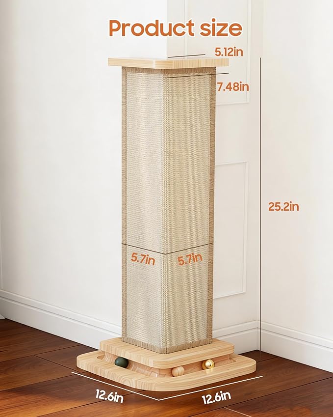 Corner Cat Scratcher with Track Balls, 25'' Cat Scratching Post for 90° Furniture Sofa, Replaceable Sisal Scratch Pad for Wall Furniture Protector