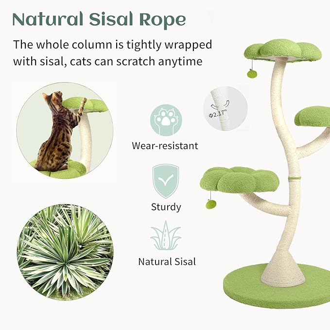 FKWin 48" Tall Cat Tree,Flower Shape Design,Scratching Post Condo,Multi-Level Furniture Activity Center,Kittens Pet House Play with Hang Ball,Plush Cat Tower for Large Cats (Green-3 Tiers)