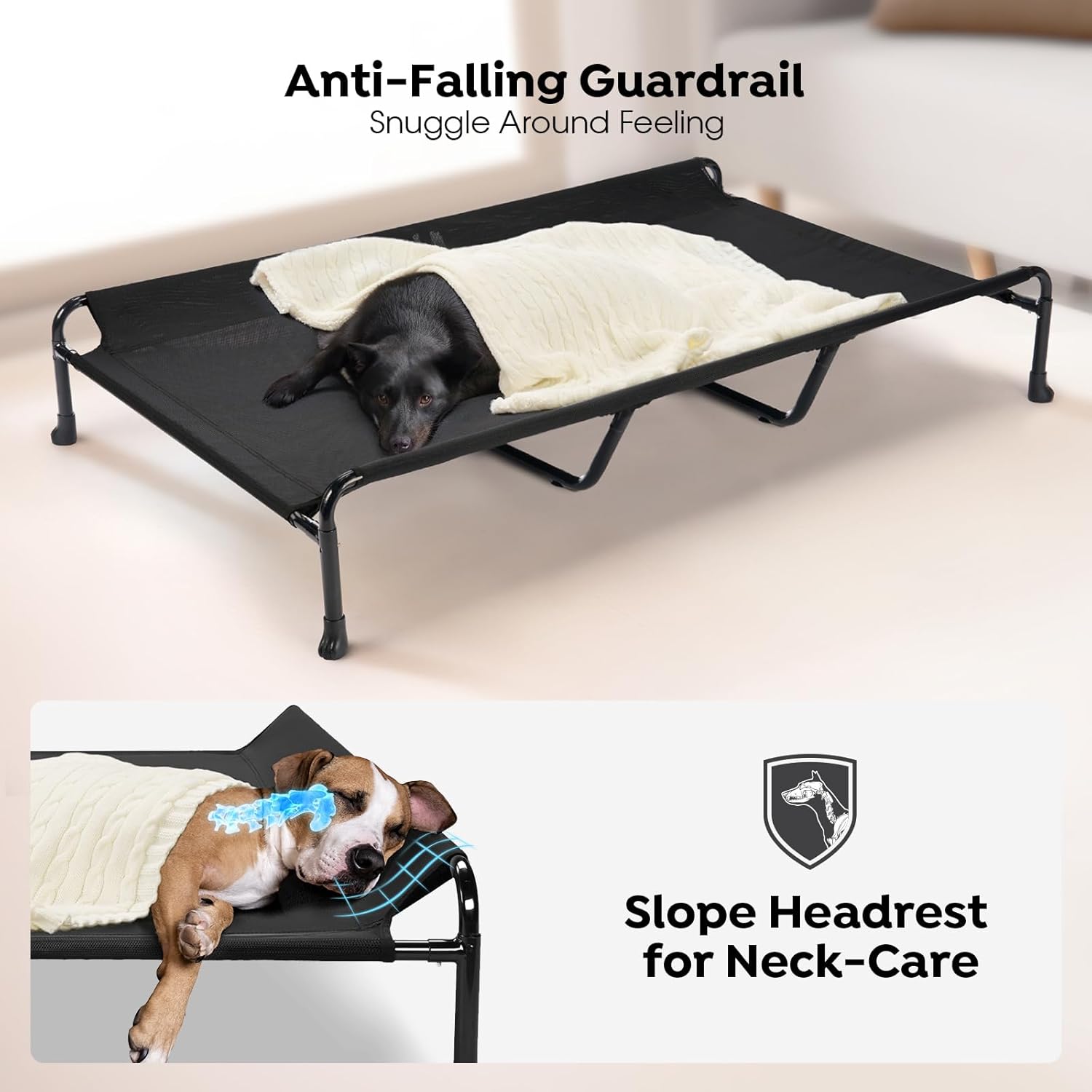 Veehoo Cooling Elevated Dog Bed, 59" x 37" Raised Dog Beds for Large Dogs, Outdoor Dog Bed with Guardrail, Upgraded Non-Slip Feet, Breathable Teslin Mesh, Portable Camping Dog Cot, Black - Pet Explorer