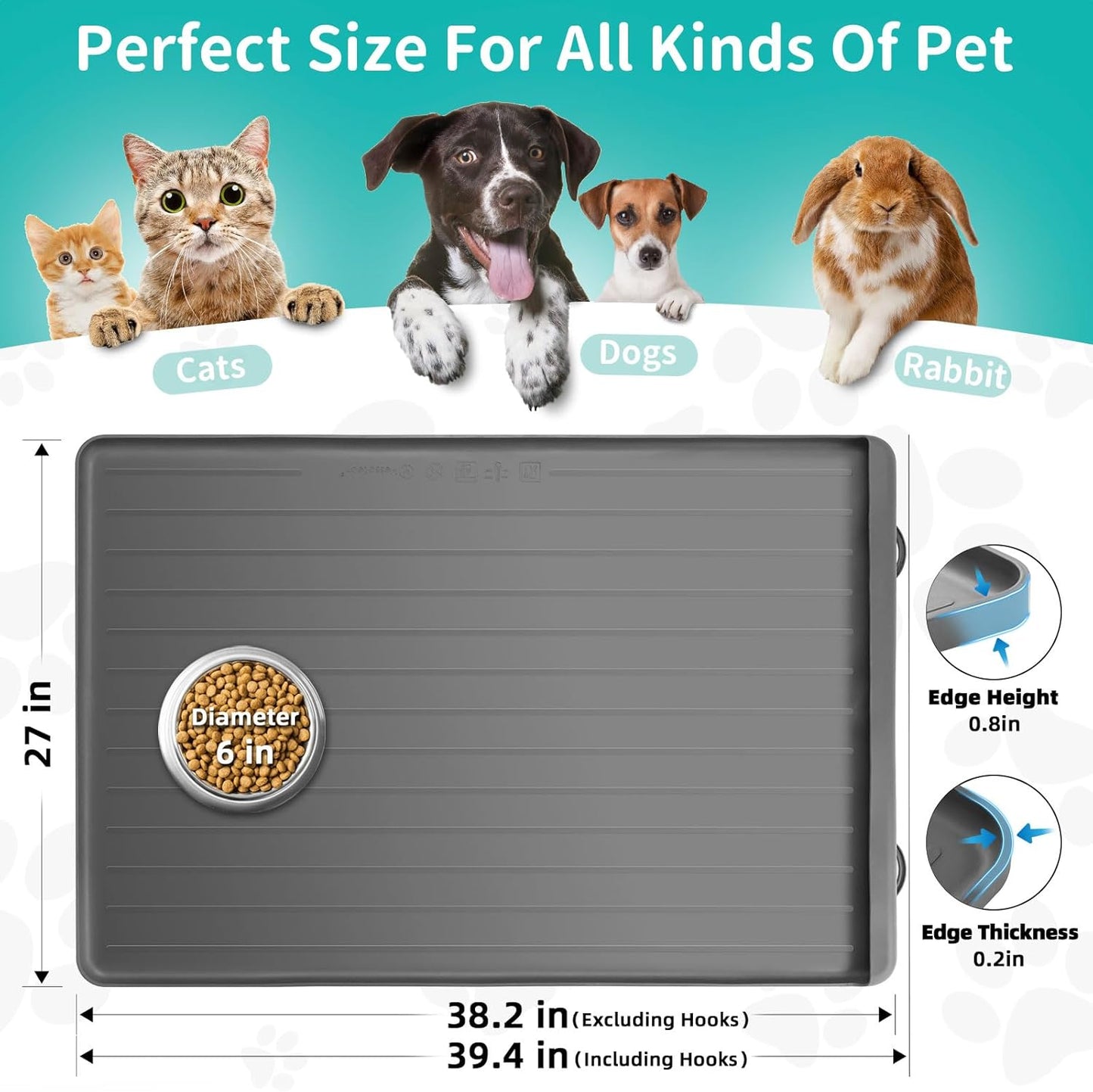 Dog Mat for Food and Water - 39.4" x 27" Large Pet Feeding Mats with Residue Collection Pocket - Waterproof Dog Cat Bowl Mat with High Edges to Prevent Water and Food Spills (Light Grey) - Pet Explorer