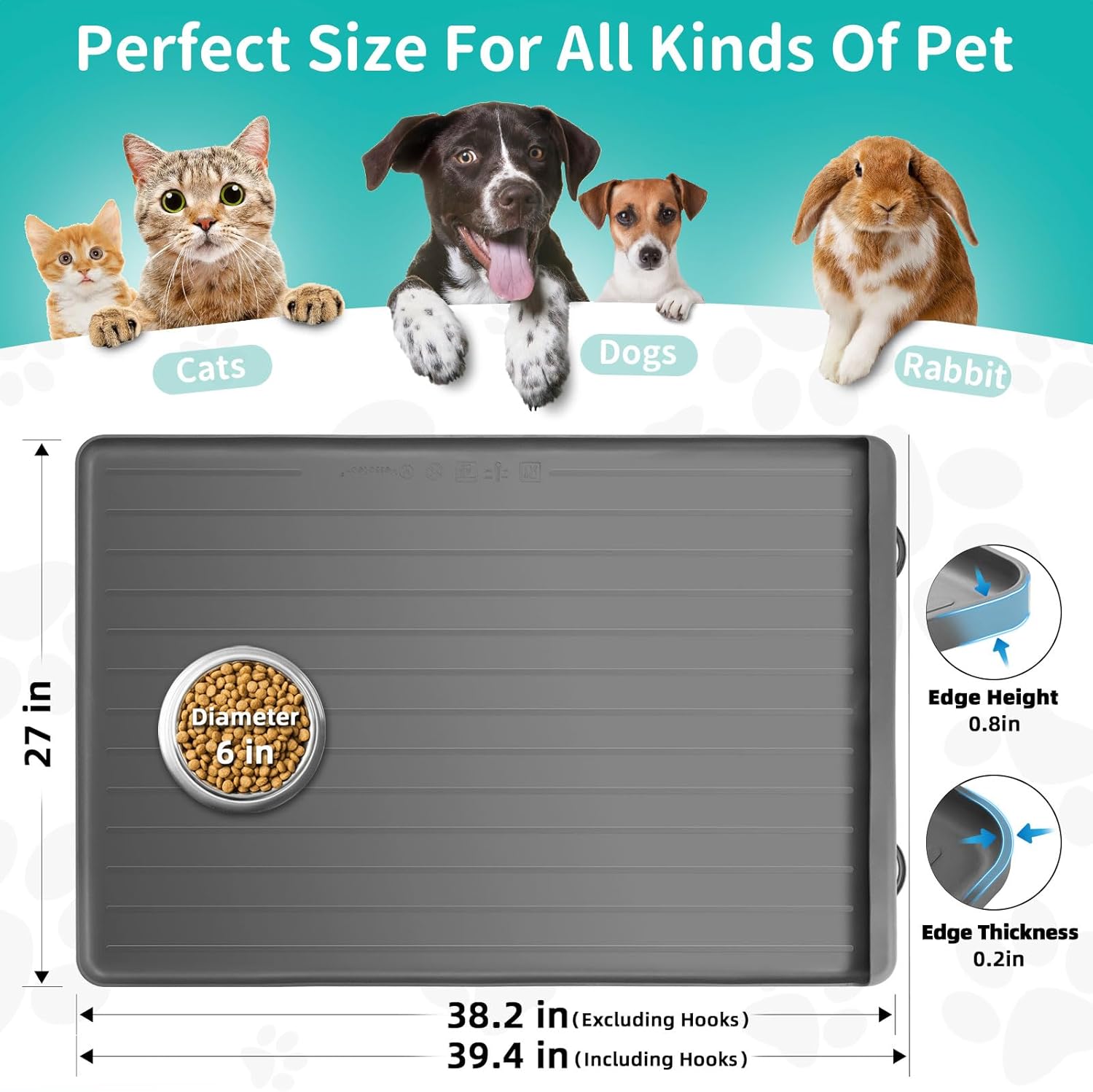 Dog Mat for Food and Water - 39.4" x 27" Large Pet Feeding Mats with Residue Collection Pocket - Waterproof Dog Cat Bowl Mat with High Edges to Prevent Water and Food Spills (Light Grey) - Pet Explorer