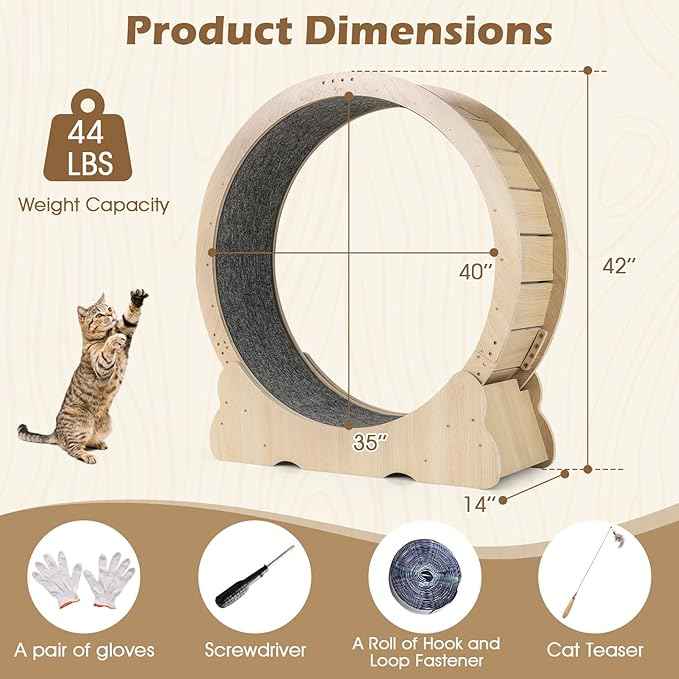 Tangkula Cat Wheel for Indoor Cats, 40 Inch Large Cat Exercise Wheel with Lockable Mechanism, Carpeted Runaway, Wooden Ultra Low Noise Running Treadmill with a Teaser Toy for Kitty Fitness