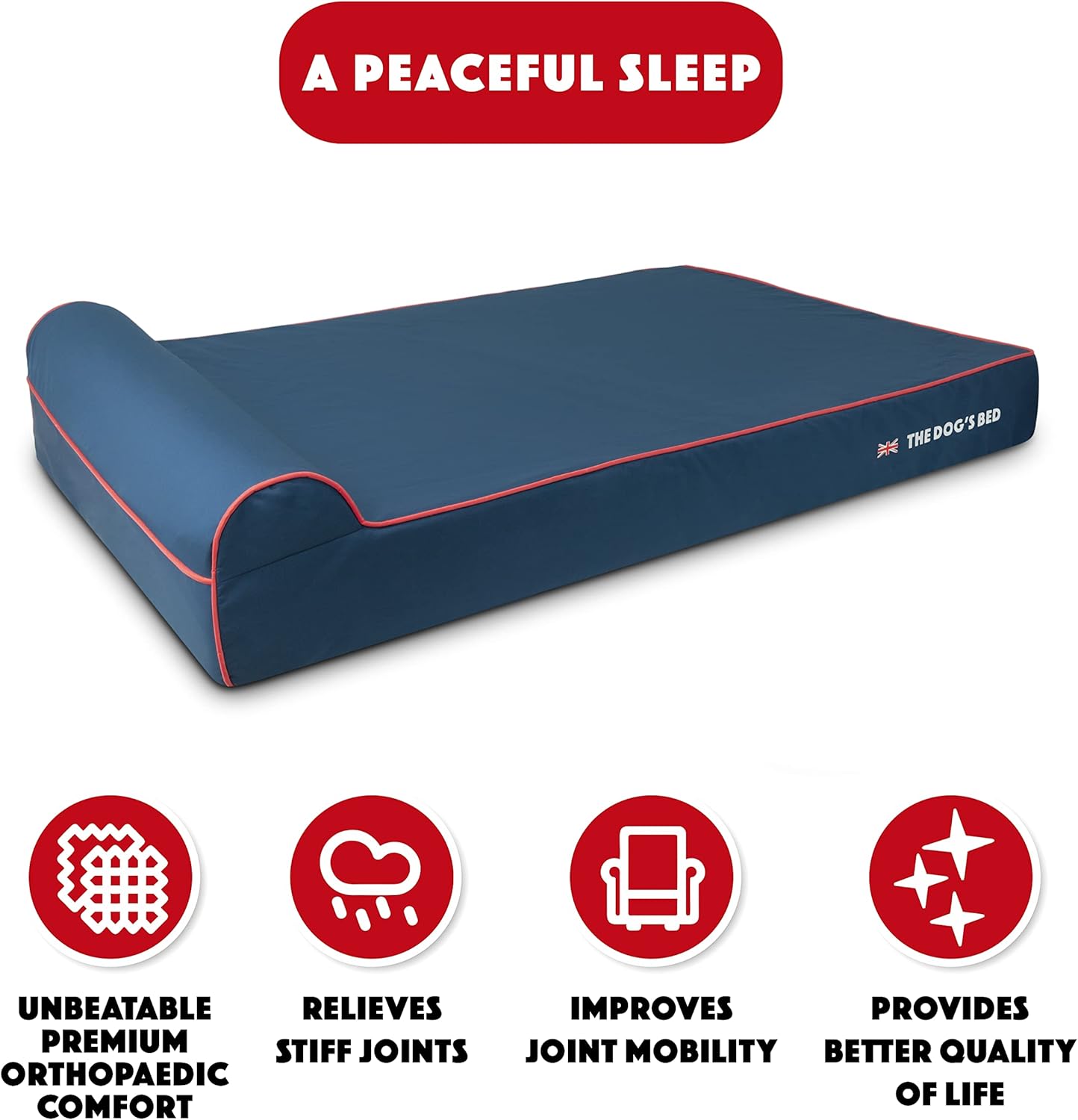 The Dog’s Bed Orthopedic Headrest Dog Bed XXL Blue Oxford with Red Trim UK Flag Dog Bed54x36, Memory Foam, Hip & Elbow Dysplasia, Post Surgery, Veterinary Approved, Waterproof Washable Cover - Pet Explorer