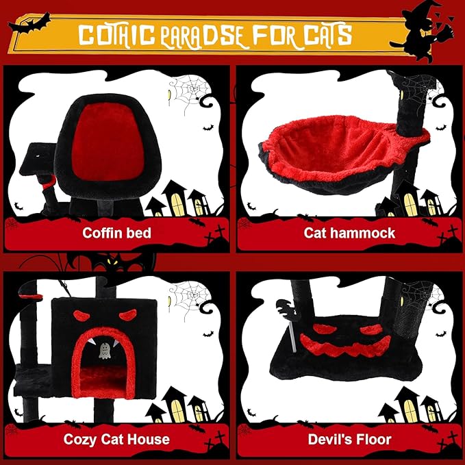 Gothic Cat Tree for Indoor Cats Large Adult, 40.5" Goth Cat Trees Tower with Coffin Cat Bed,Scratching Post,Cat Condo, Furniture Towers with Hammock, Tall Black Cat Tree Halloween Hanging Toys(Black)