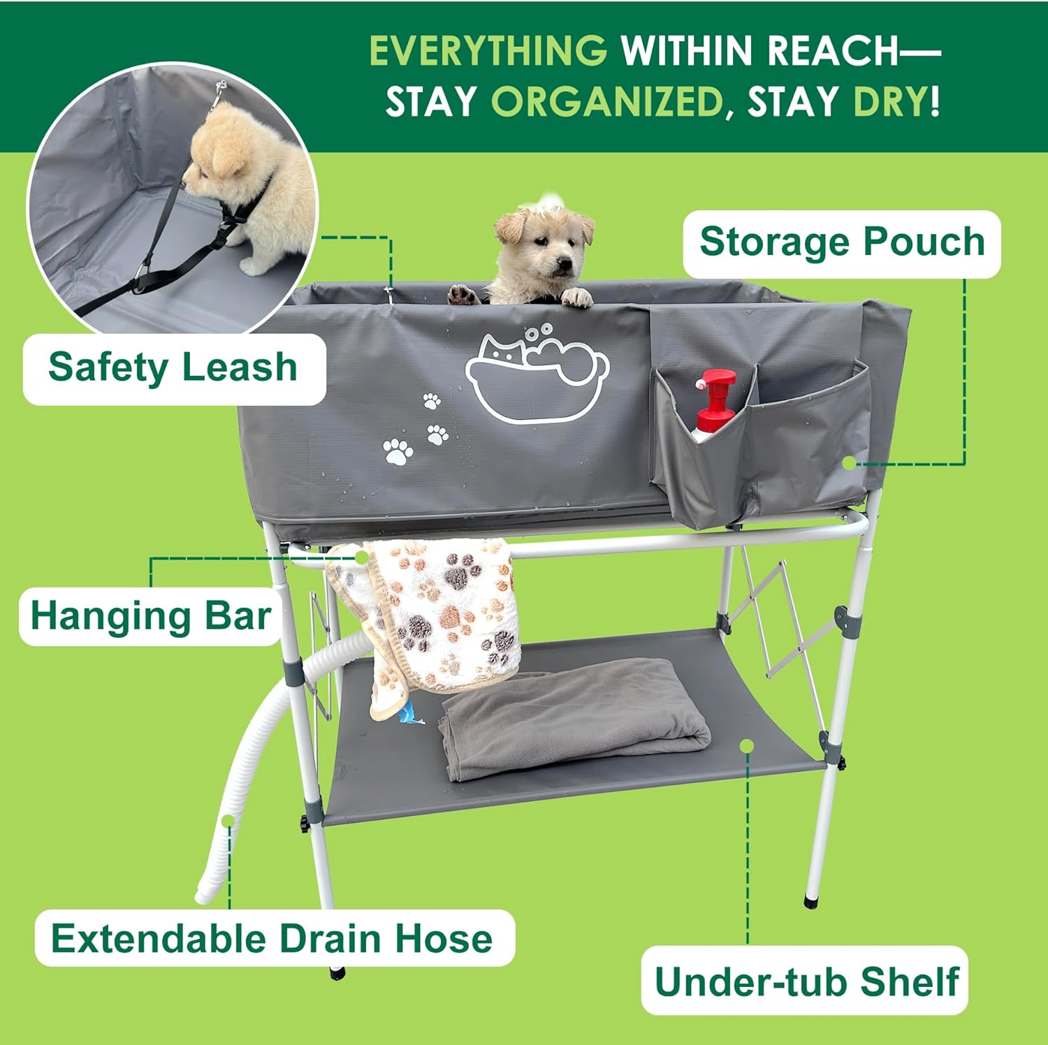 Elevated Dog Bathtub, Portable Dog Washing Station for Home with Towel Bar & Storage, Folding Pet Bath Tub for Small & Medium Dogs - Pet Explorer