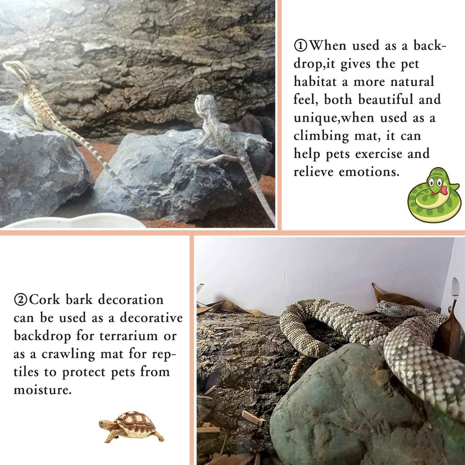Tfwadmx 4Pcs Cork Tile Terrarium Background 15.7"x11.8" Reptile Bark Backdrop Wall Decor 3D Bearded Dragon Tank Climbing Mat Decoration for Gecko Lizard Tortoise Chameleon