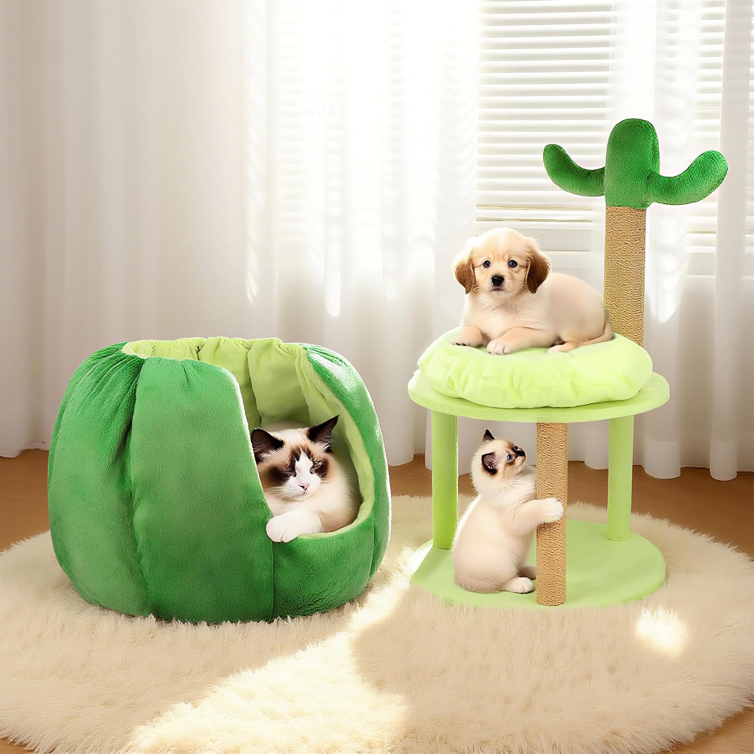 Cat Houses for Indoor Cats, Small Cat Tree with Sisal Ropes and Plush Perch, Cute Cat Bed Cave with Soft Pillow, Cactus Design - Pet Explorer
